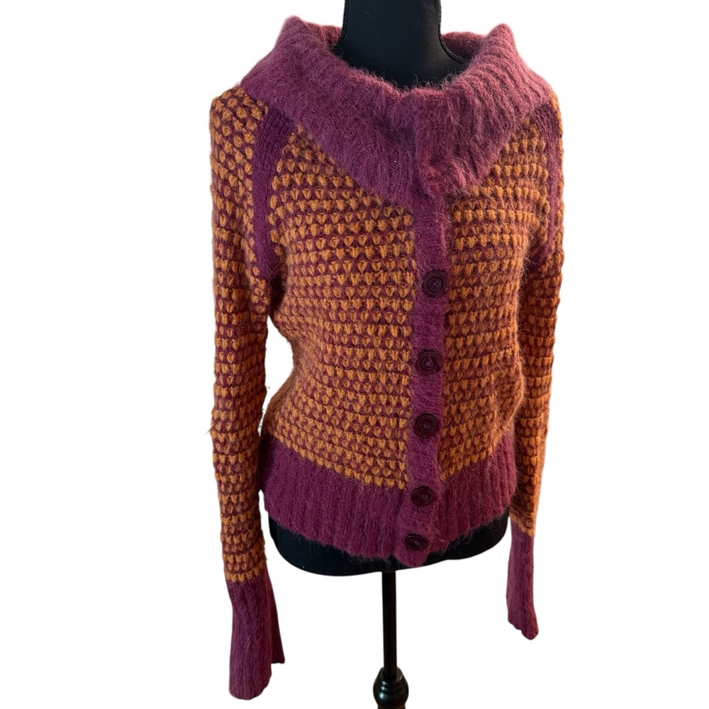 Free People Two-Tone Pink and Mustard Knit Button-Up Cardigan
